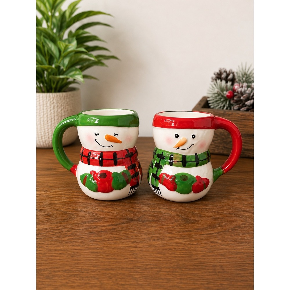 Bay Island Snowman Ceramic Coffee Mug Set of 2 Red Green Holiday Christmas 2018